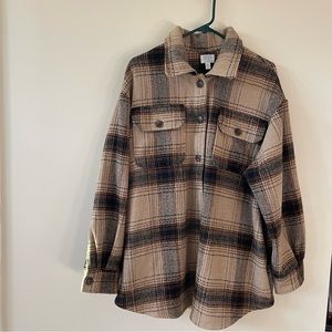 Time and Tru Plaid Shacket Womens Size XL (16-18) Tan Brown Black Pockets Jacket